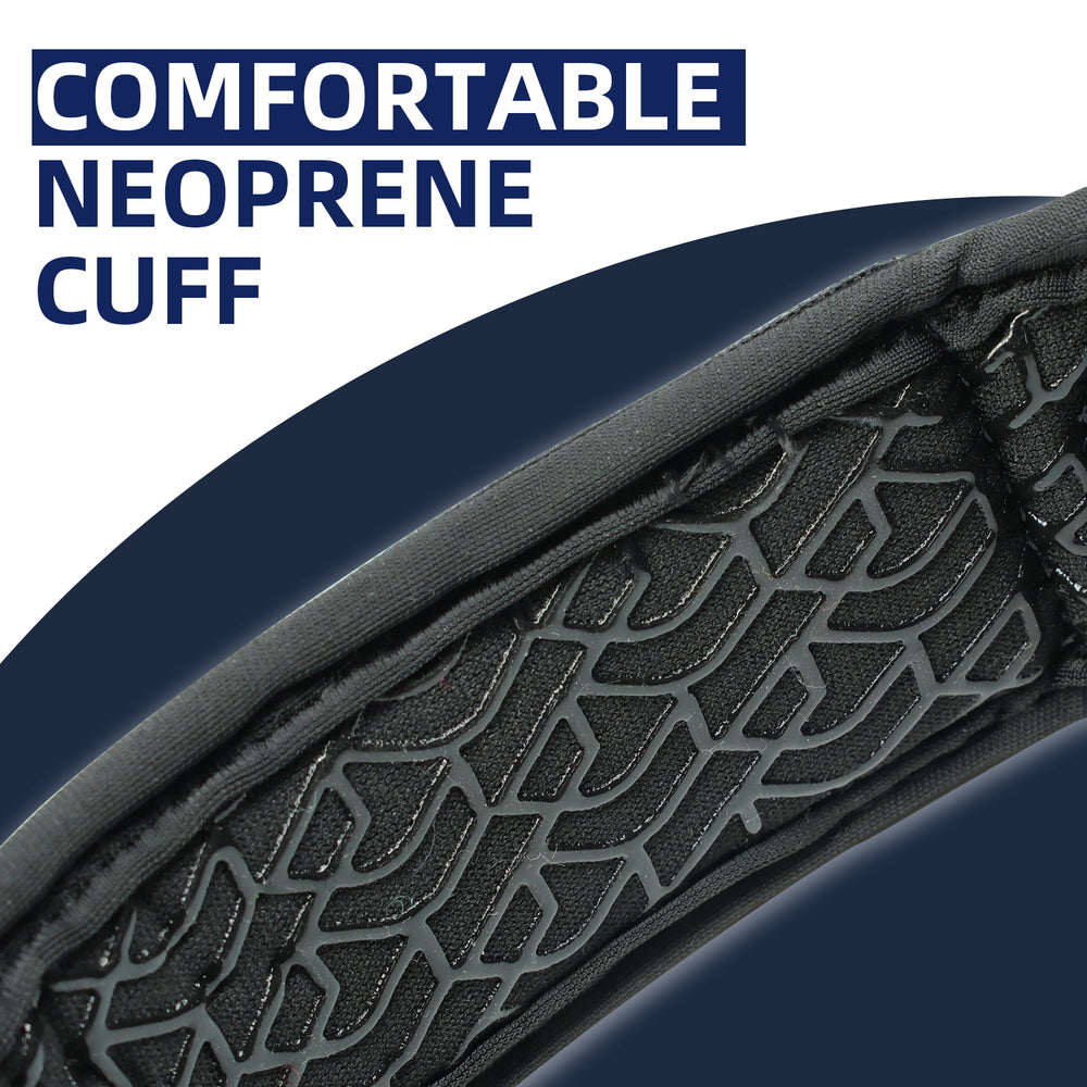 Close-up of a neoprene cuff with textured surface and text 'COMFORTABLE NEOPRENE CUFF' on a blue background