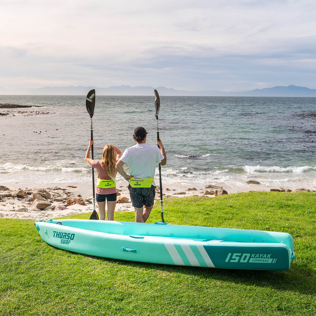Ready for your next adventure, the Thurso Surf Compass Tandem Inflatable Kayak is lightweight, durable, and easy to set up