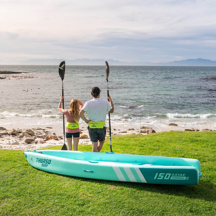 Ready for your next adventure, the Thurso Surf Compass Tandem Inflatable Kayak is lightweight, durable, and easy to set up