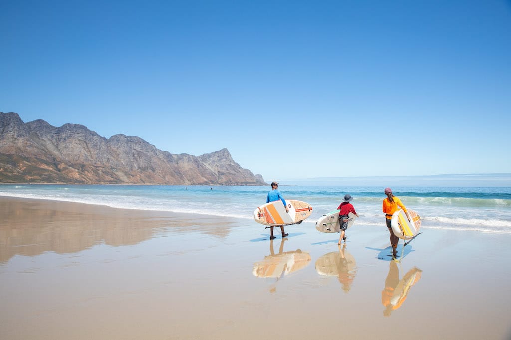 Three people walk towards the shoreline, carrying standup paddleboards