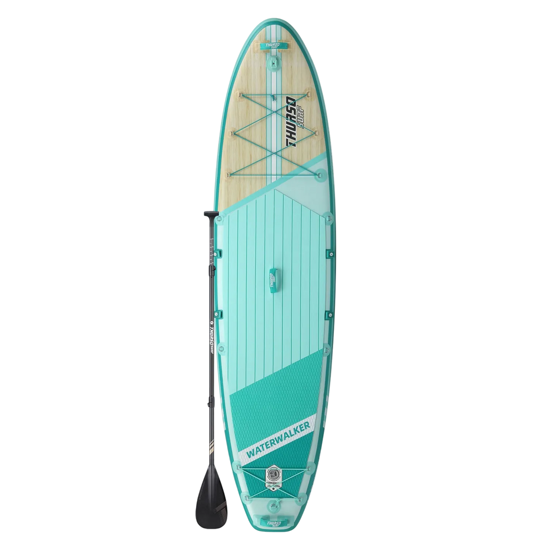 Turquoise inflatable paddle board with a paddle on a white background