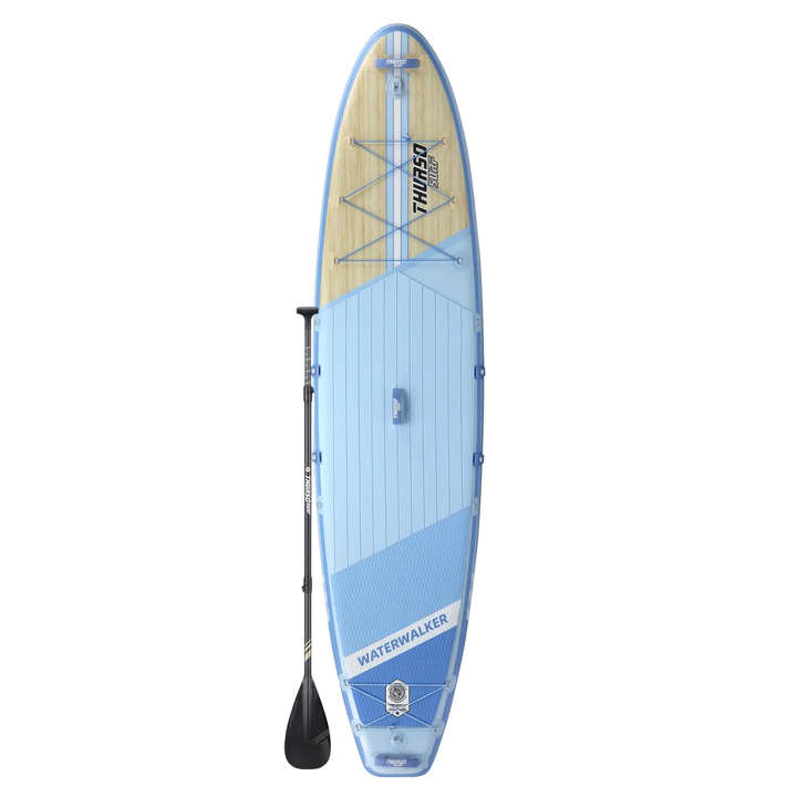 Blue and beige inflatable stand-up paddleboard with a paddle on a white background
