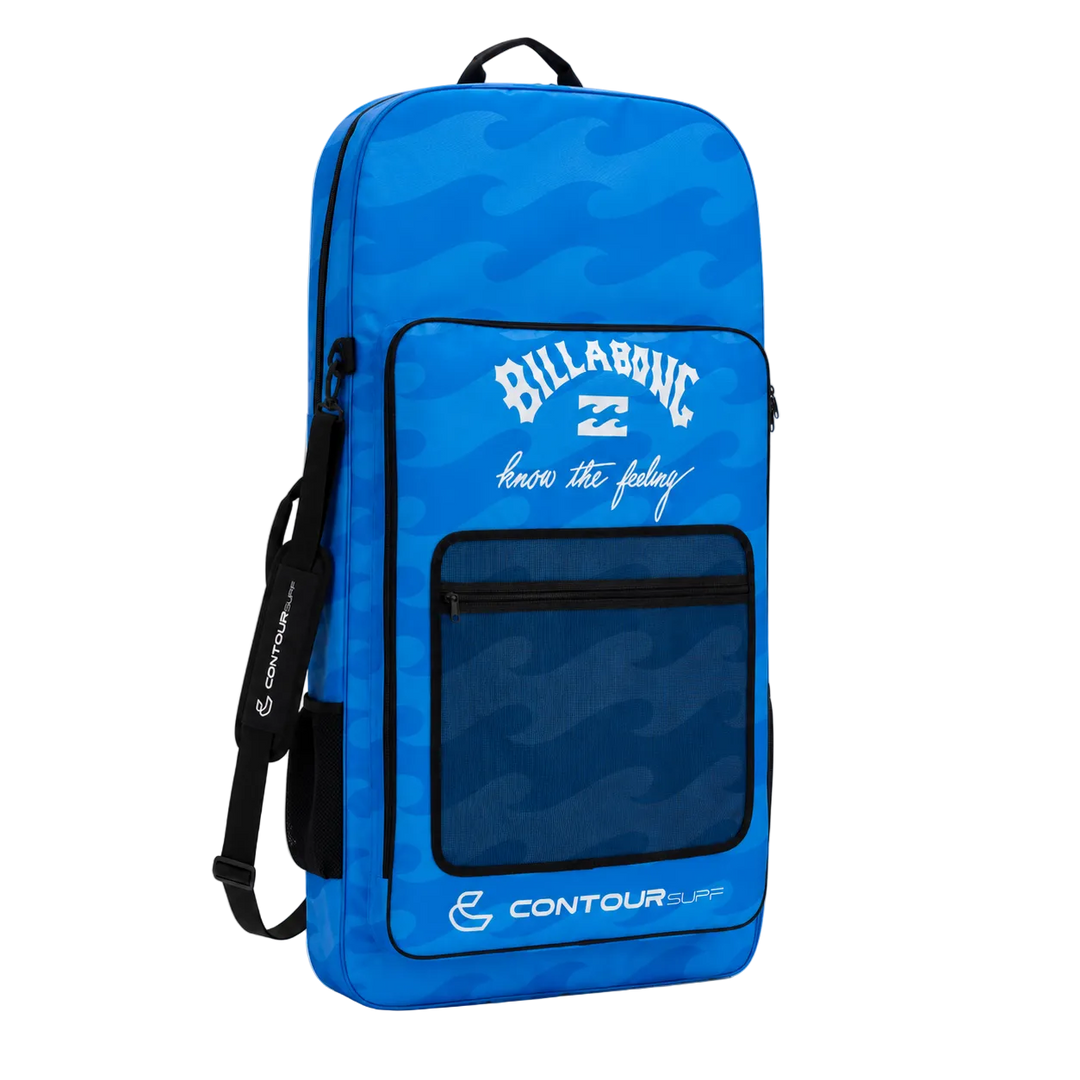Blue backpack with Billabong branding on a white background