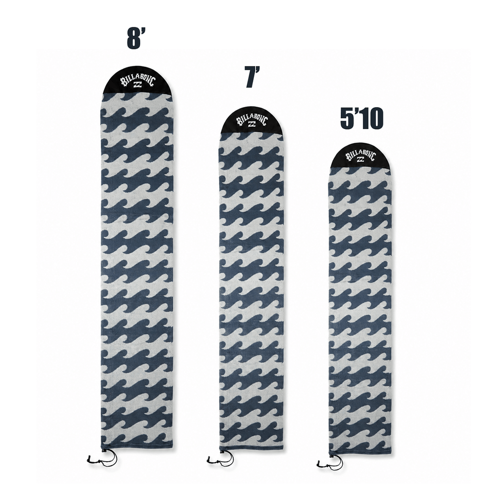 Three Billabong surfboard sock with different lengths on a white background