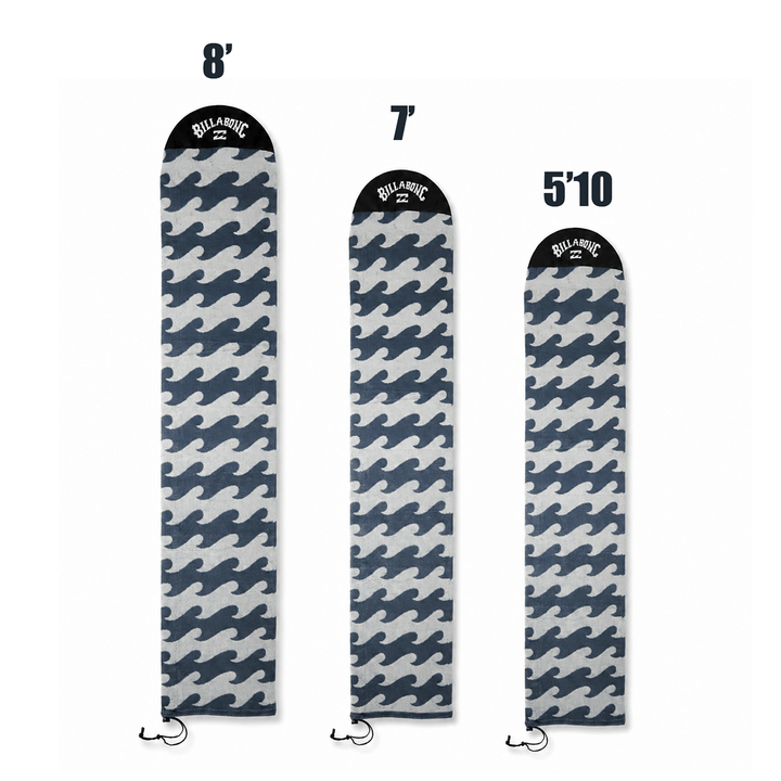 Three Billabong surfboard sock with different lengths on a white background
