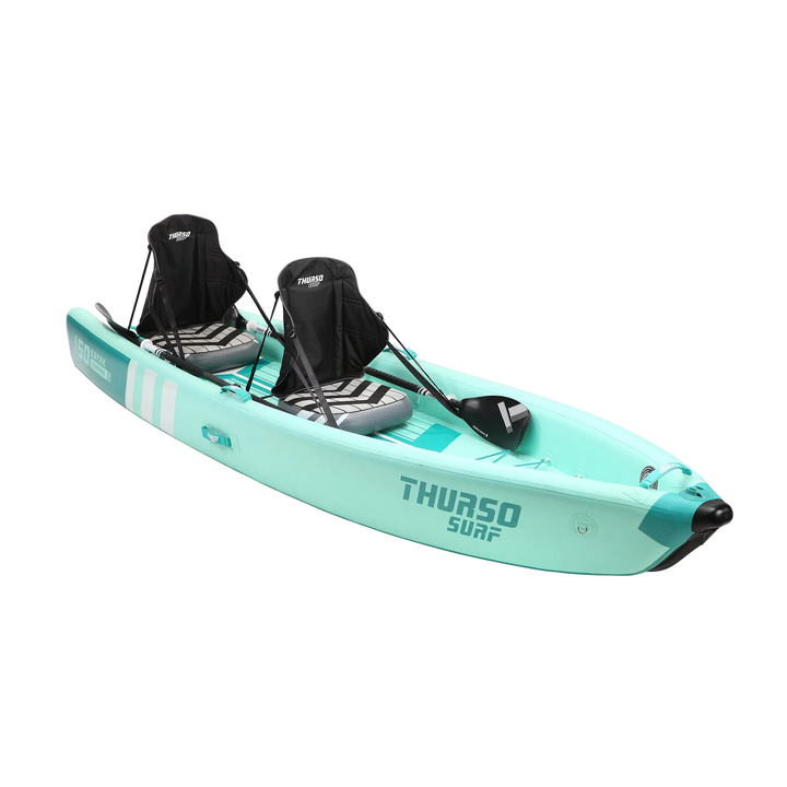 Turquoise kayak with black seats and Thurso-Surf branding on a white background