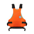 Orange life jacket with black straps on a white background