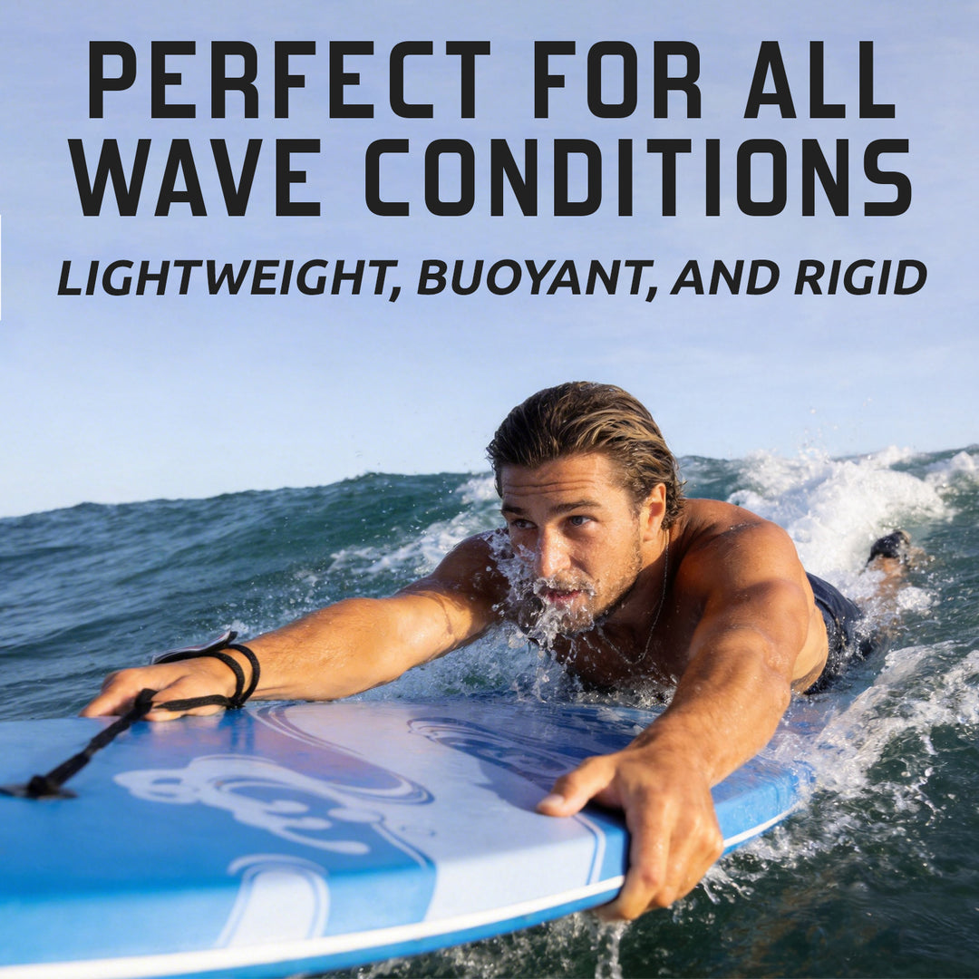 Man on a bodyboard with text &