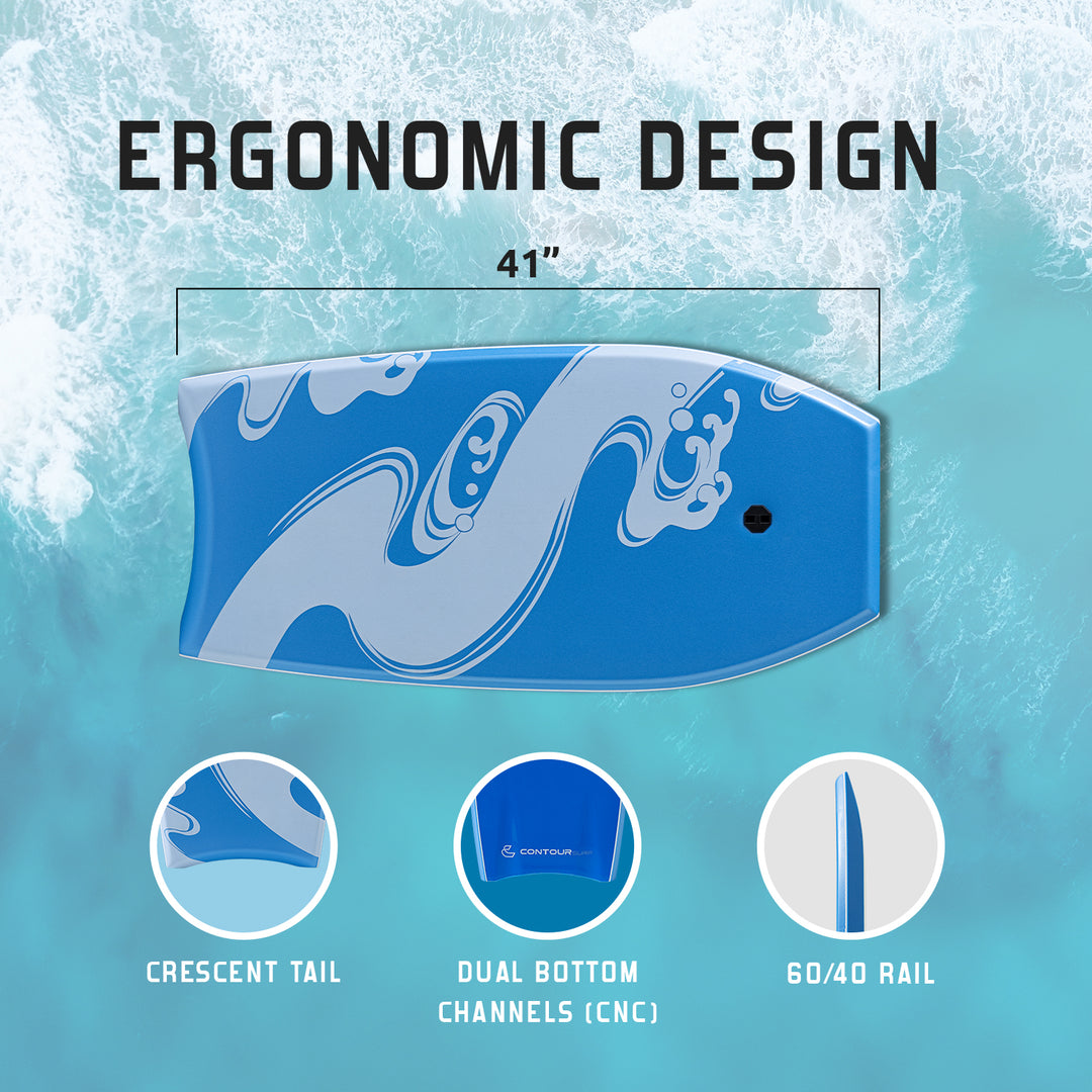 Blue bodyboard with ergonomic design features on a blue water background