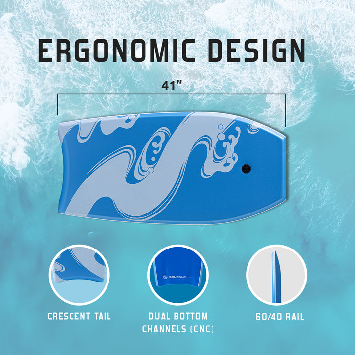 Blue bodyboard with ergonomic design features on a blue water background