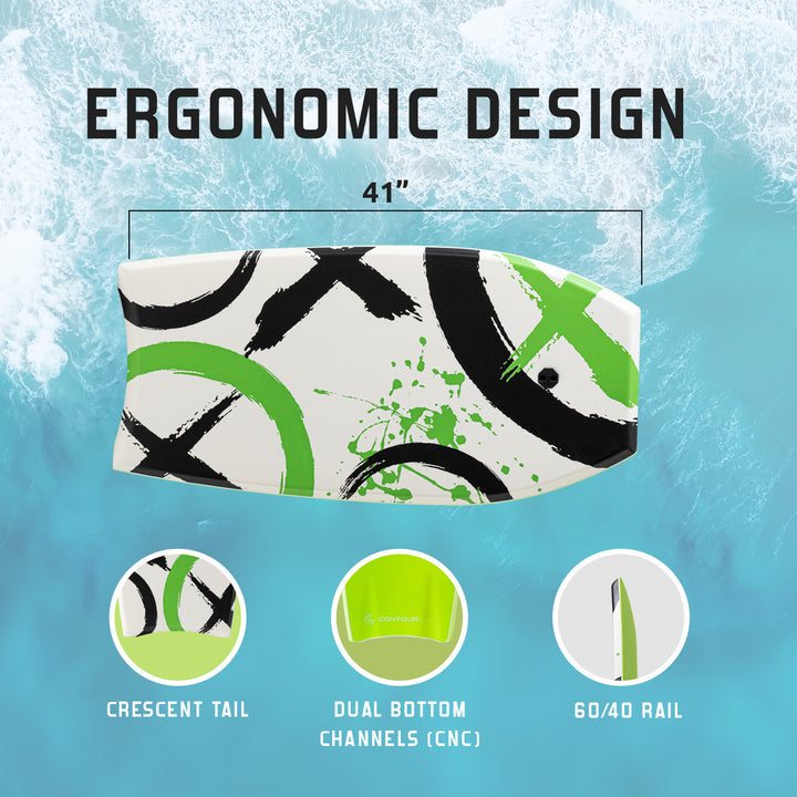 Surfboard with ergonomic design features on a blue water background