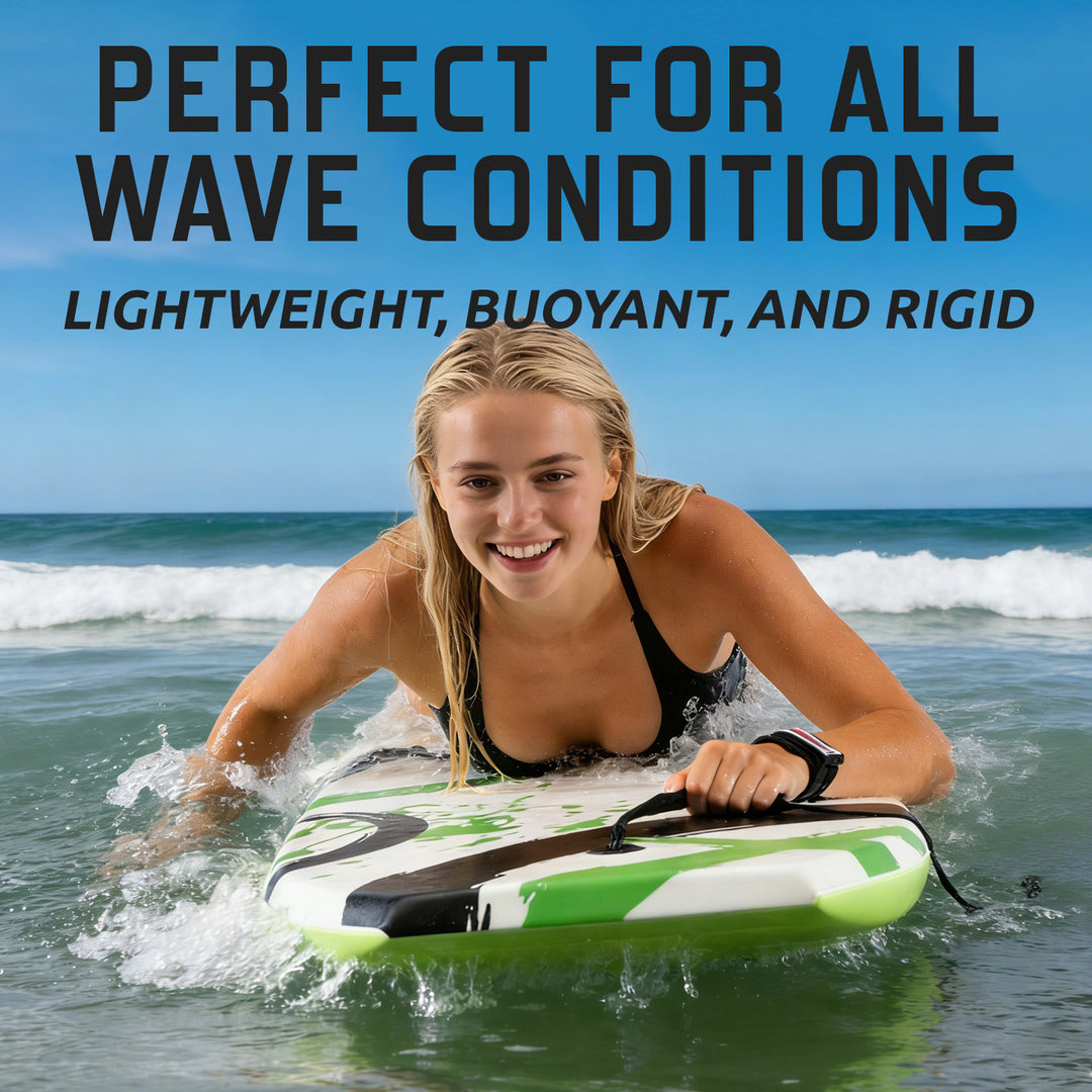 Woman lying on a green and white board in the ocean with text about board features.