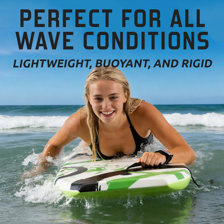 Woman lying on a green and white board in the ocean with text about board features.