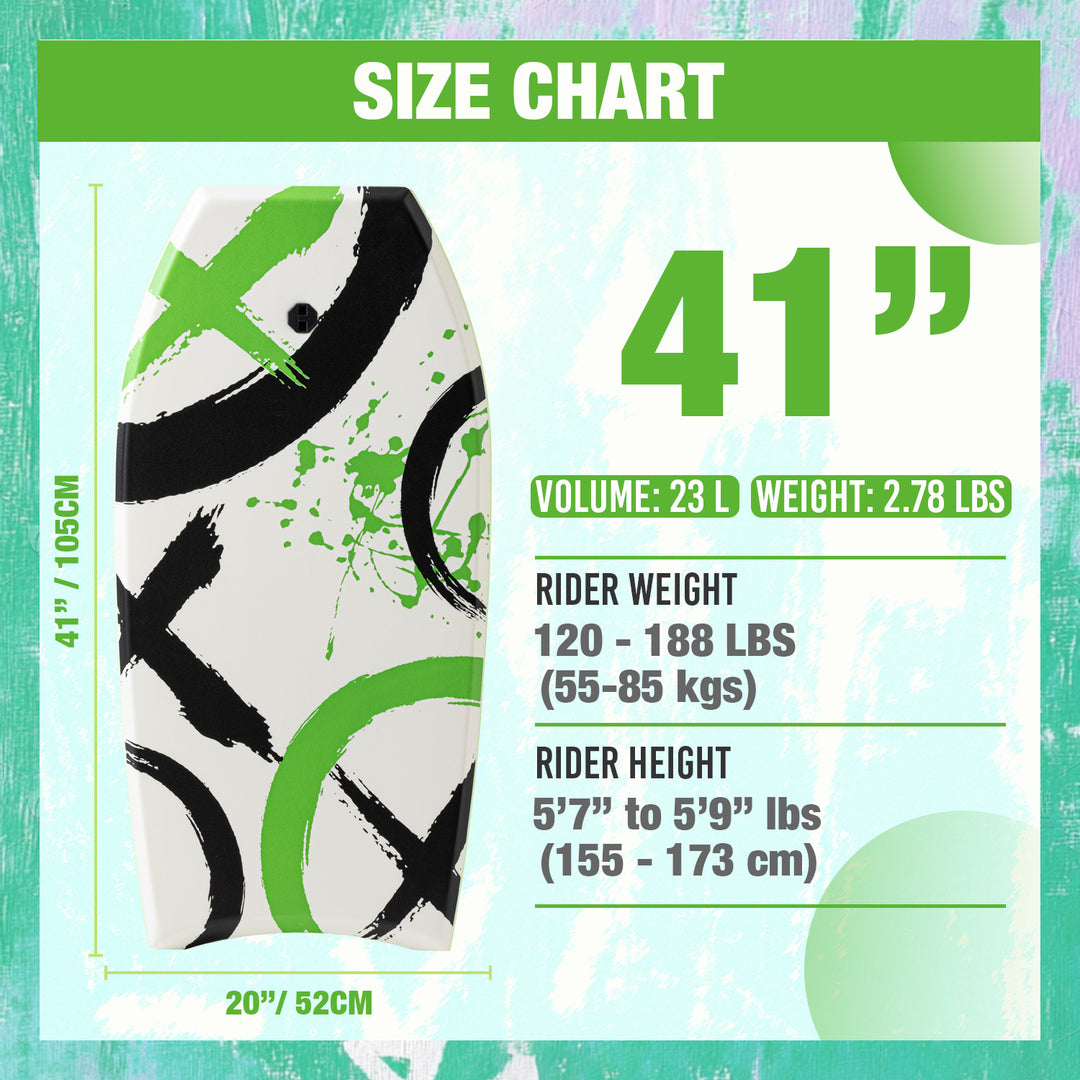 Size chart for a 41-inch surfboard with dimensions, volume, weight, and rider specifications.
