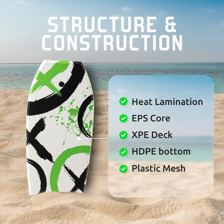 Bodyboard with construction details on a beach background