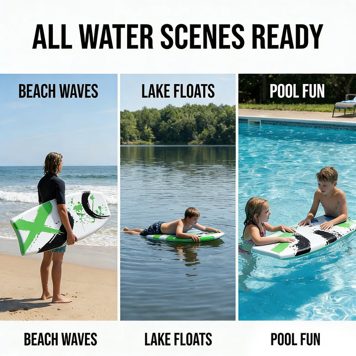 Three scenarios showing water activities with beach, lake, and pool settings.