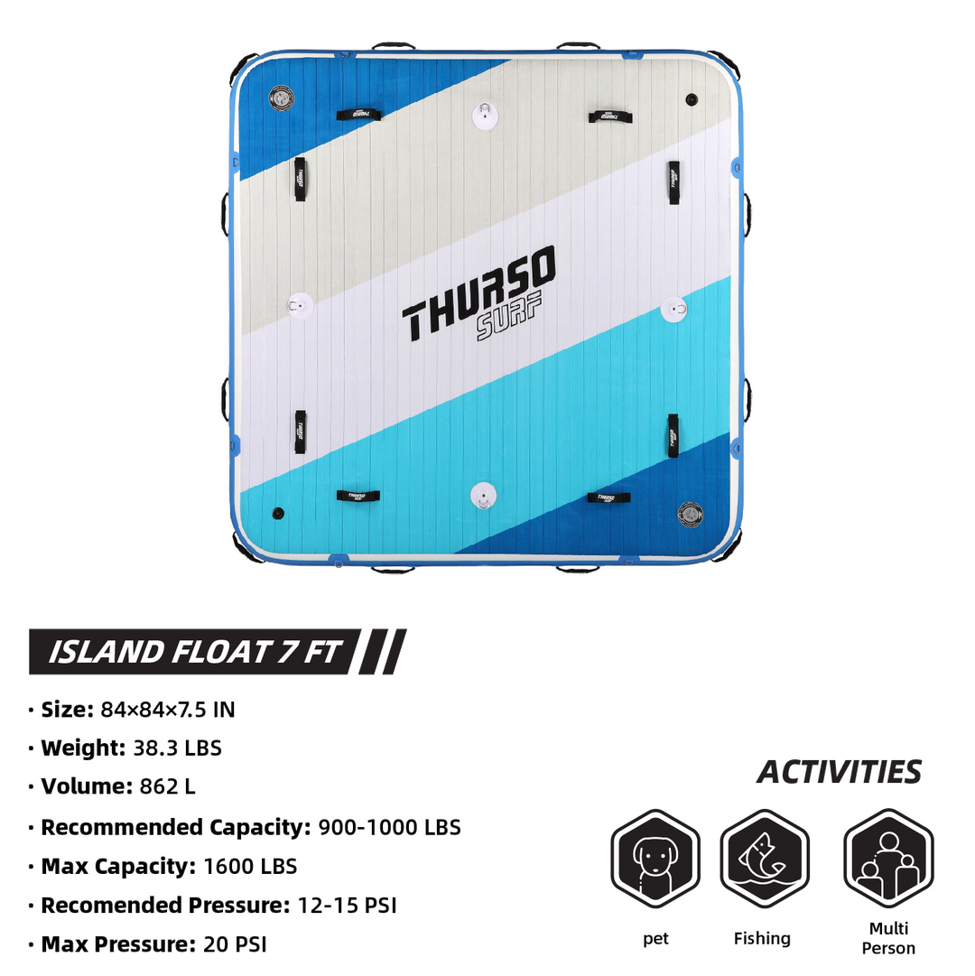 Blue and white inflatable island float with Thurso Surf branding on a white background