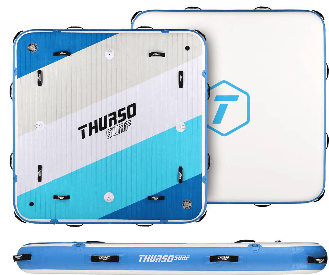 Blue and white inflatable float with &