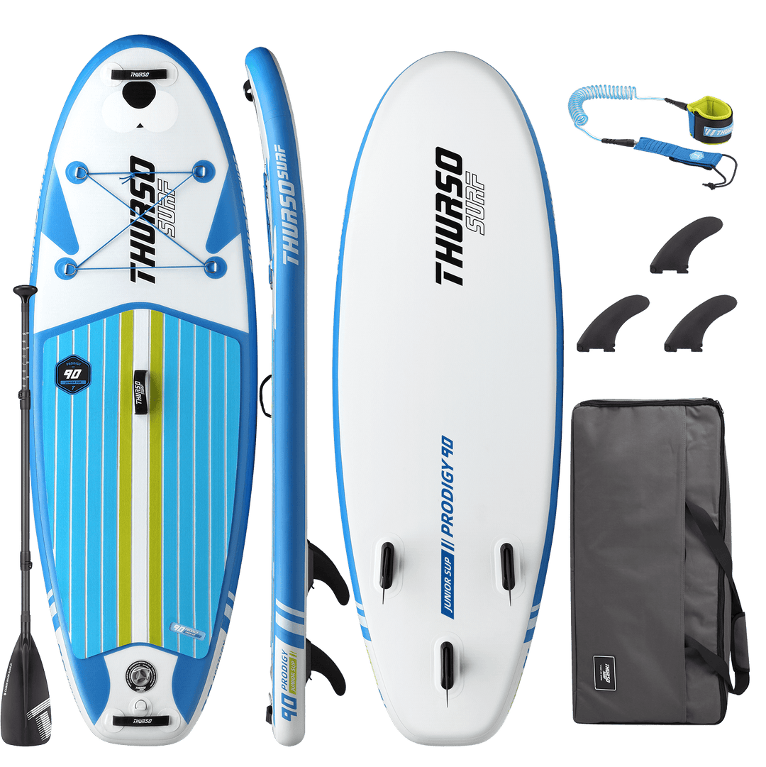 Inflatable stand-up paddleboard with accessories on a black background