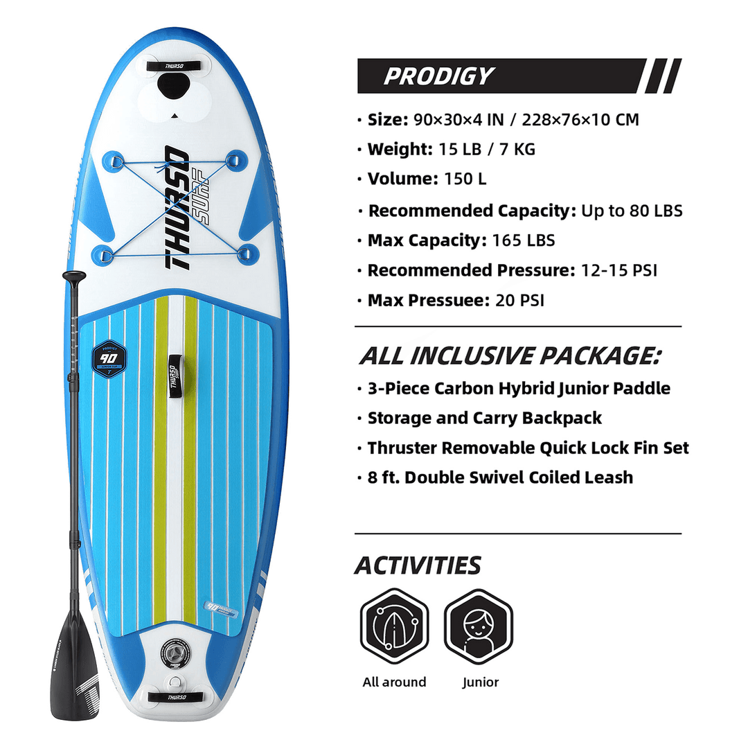 Prodigy inflatable stand-up paddleboard with specifications on a white background
