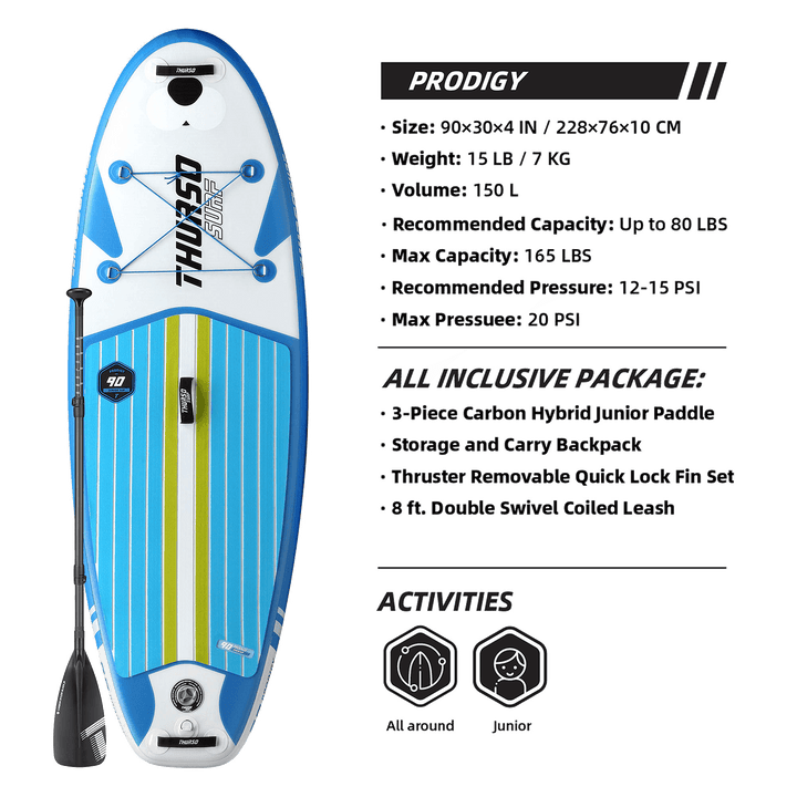 Prodigy inflatable stand-up paddleboard with specifications on a white background