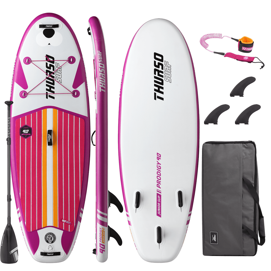 Inflatable paddleboard with accessories on a black background