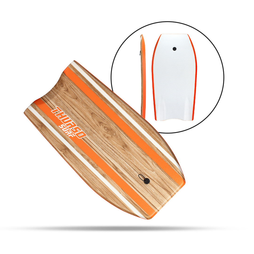 Rear view of an turquoise Thurso Surf Quill bodyboard with a white slick bottom, showing the side rail profile and leash plug location.