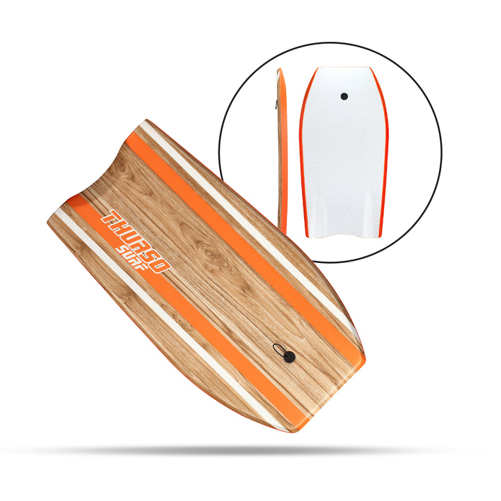 Rear view of an turquoise Thurso Surf Quill bodyboard with a white slick bottom, showing the side rail profile and leash plug location.