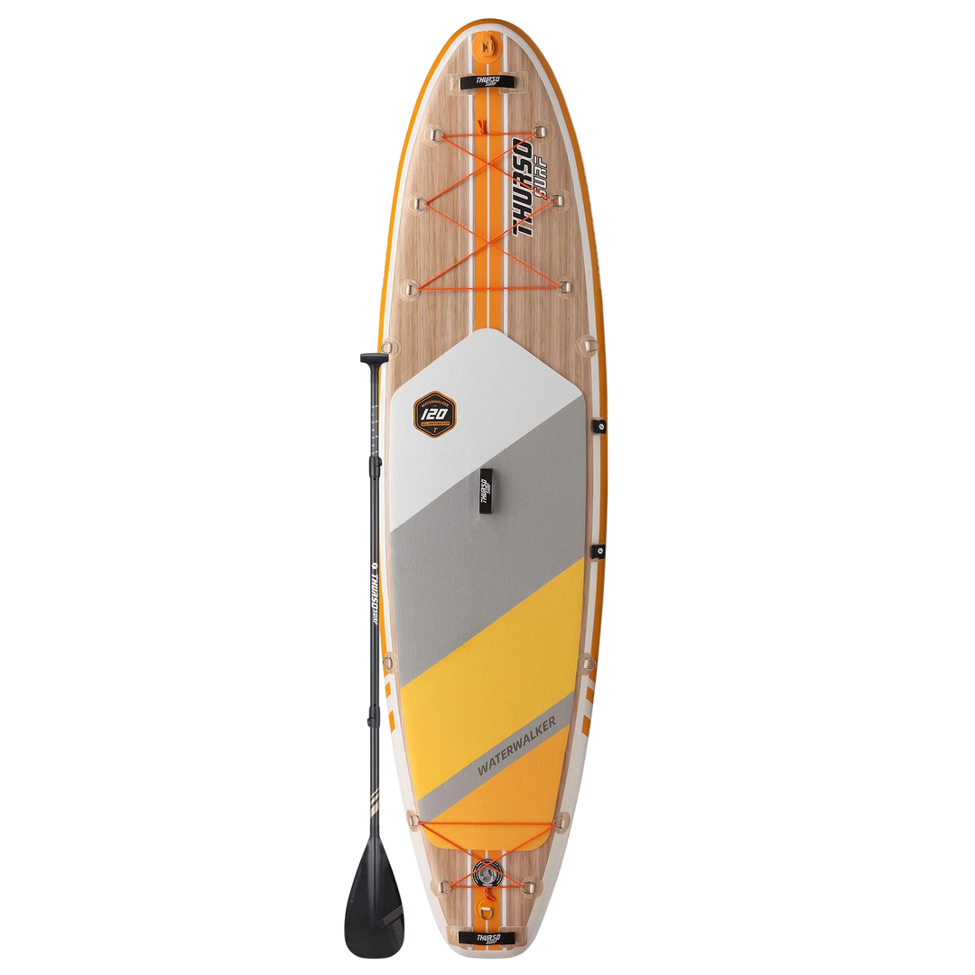 Stand-up paddleboard with wooden deck and orange accents on a white background