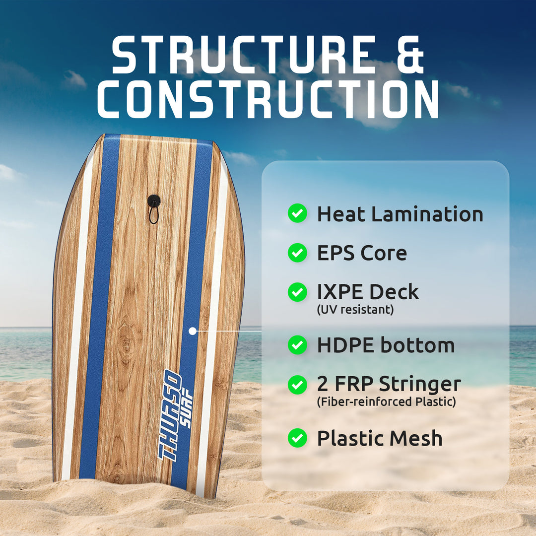 Azure bodyboard with technical specifications on a beach background