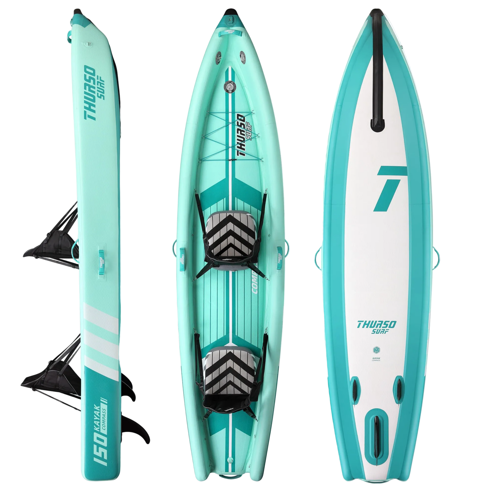 Turquoise and white inflatable stand-up paddleboard with black accents on a white background
