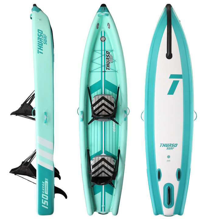 Turquoise and white inflatable stand-up paddleboard with black accents on a white background