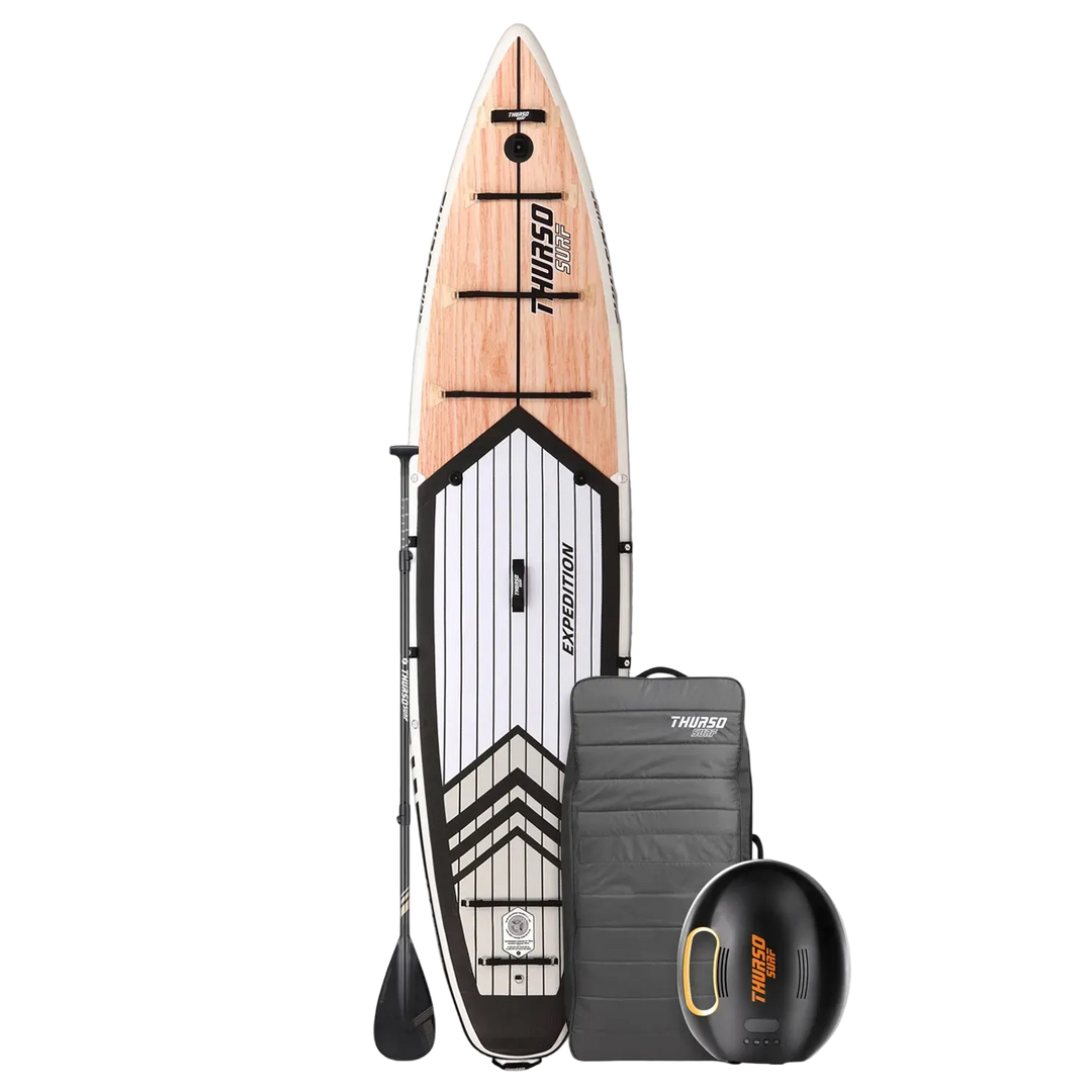 Inflatable stand-up paddleboard with accessories on a white background