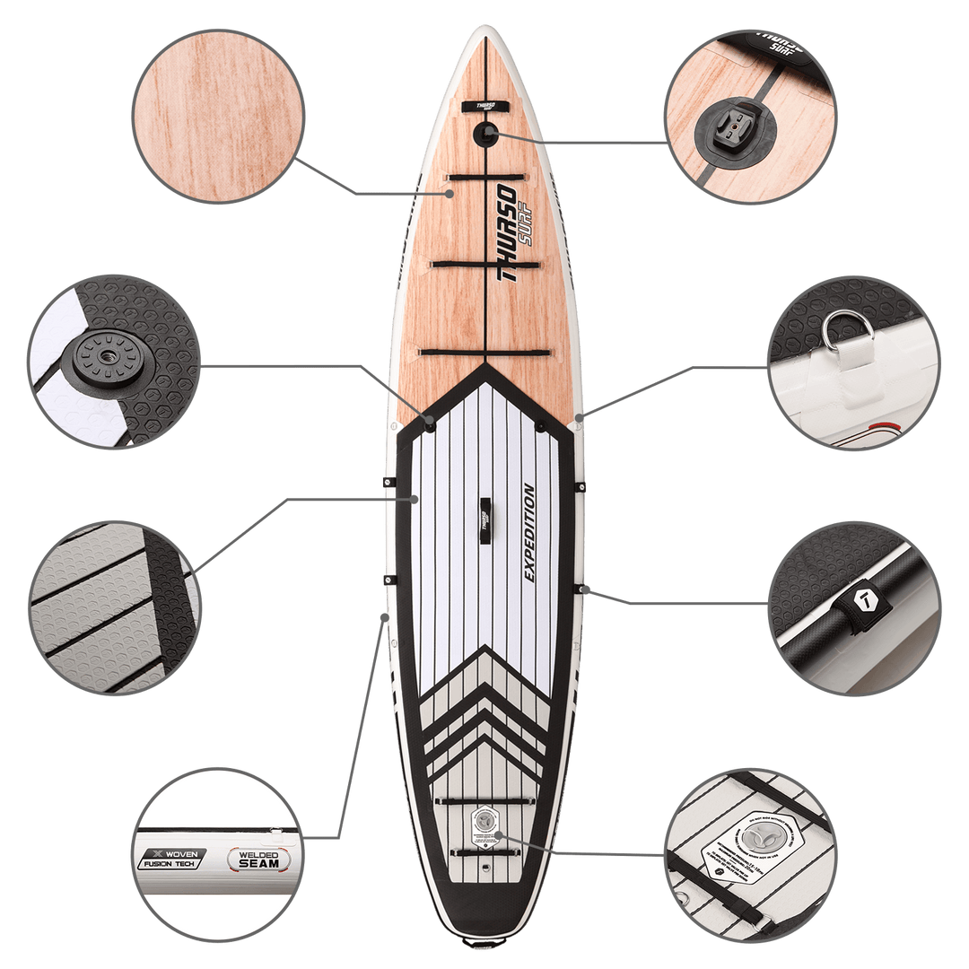 Paddleboard with features highlighted on a black background