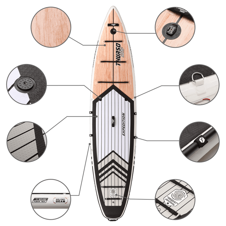 Paddleboard with features highlighted on a black background