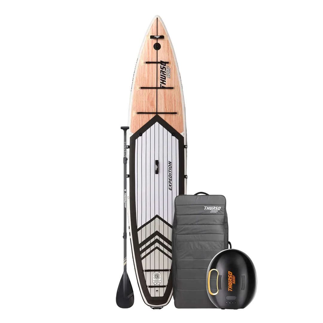 Paddleboard with accessories on a white background