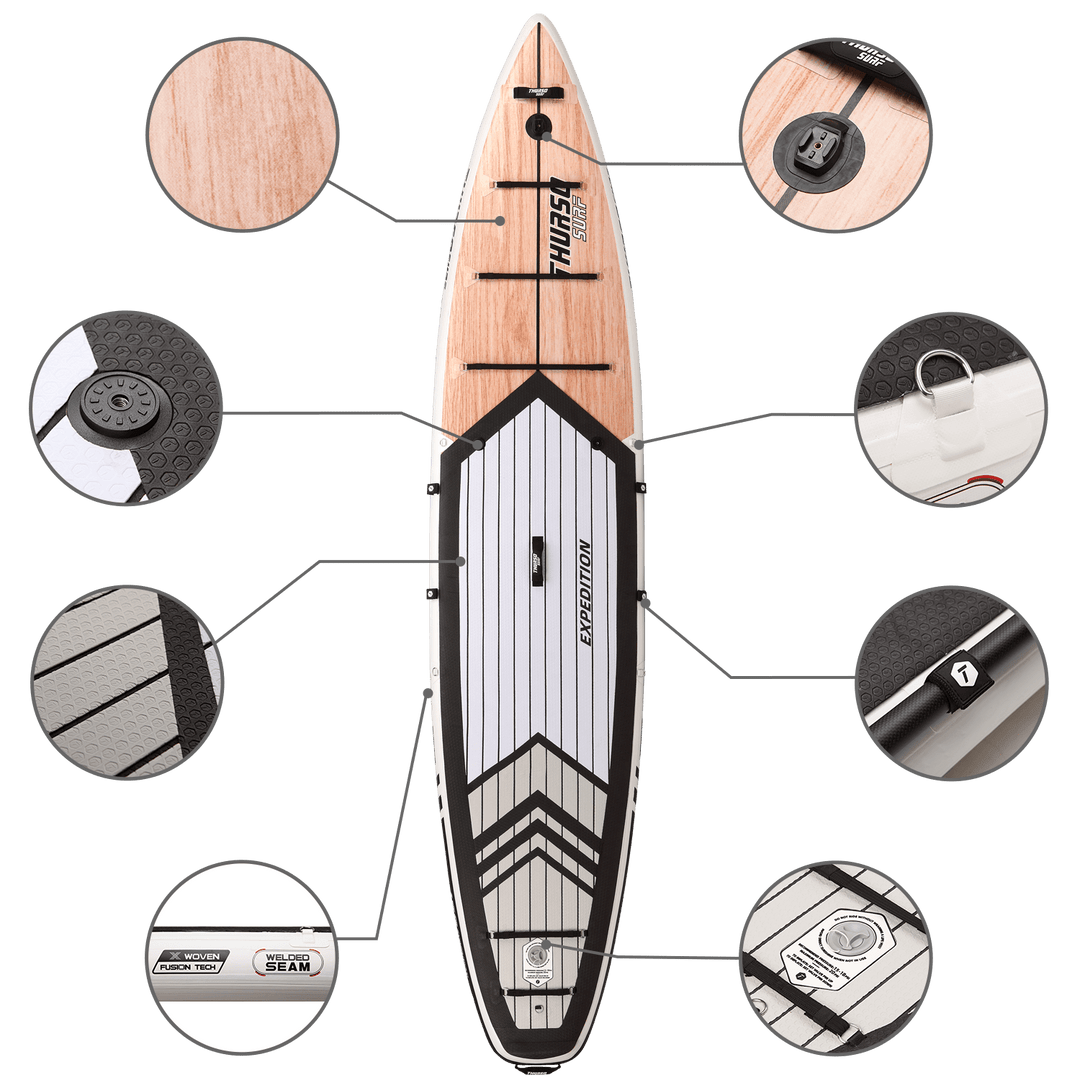 Paddleboard with features highlighted on a black background