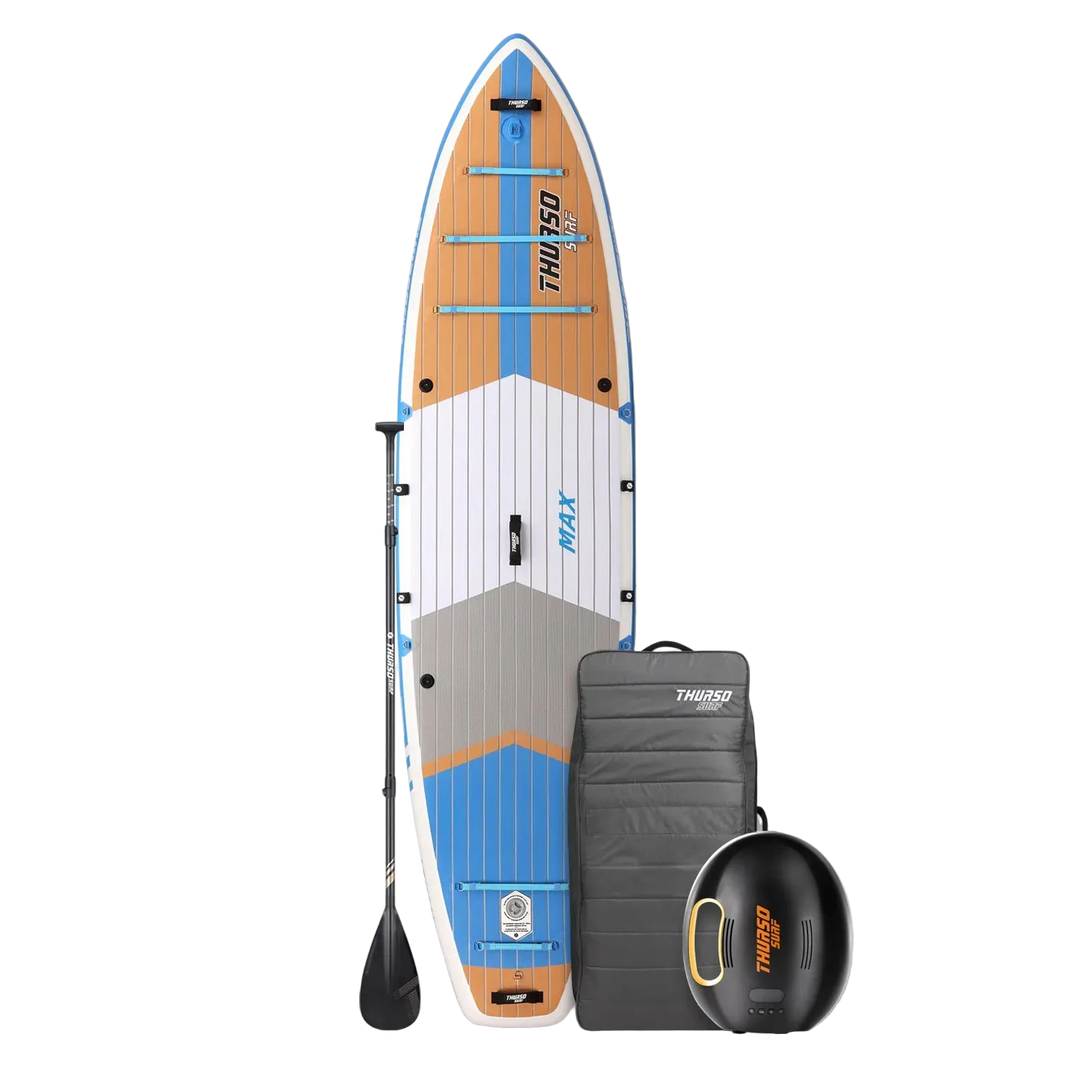 Inflatable stand-up paddleboard with black paddle on a white background