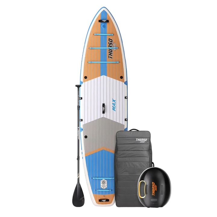 Inflatable stand-up paddleboard with black paddle on a white background