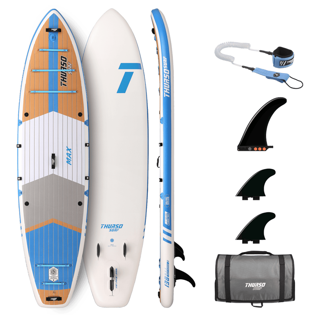 Inflatable stand-up paddleboard with accessories on a black background