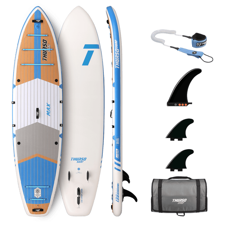 Inflatable stand-up paddleboard with accessories on a black background