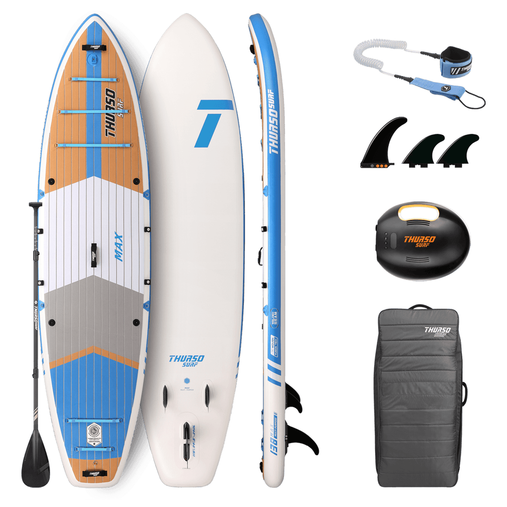Supreme inflatable stand-up paddleboard with accessories on a black background
