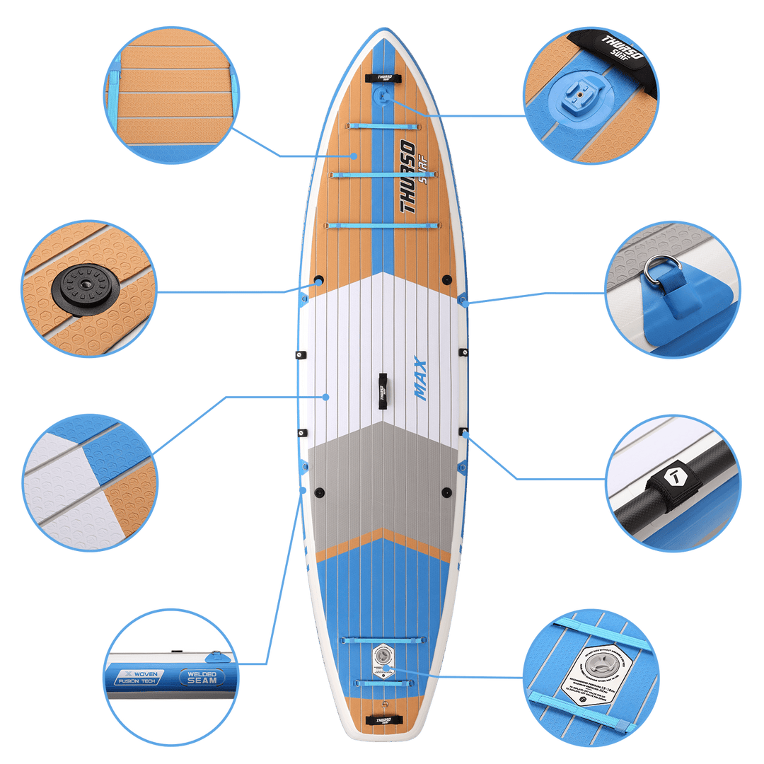 Inflatable paddleboard with close-up details on a black background