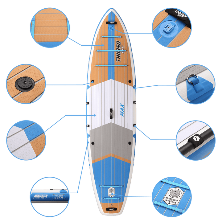 Inflatable paddleboard with close-up details on a black background
