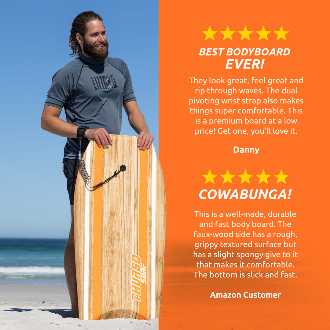 5-star rating and positive user feedback for the Thurso Surf Quill bodyboard in tangerine
