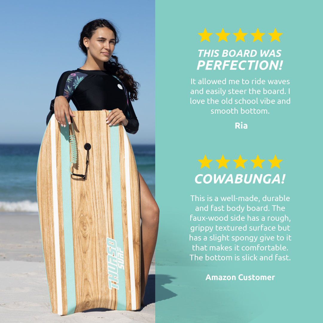 Person holding a turquoise bodyboard with positive reviews on a beach background