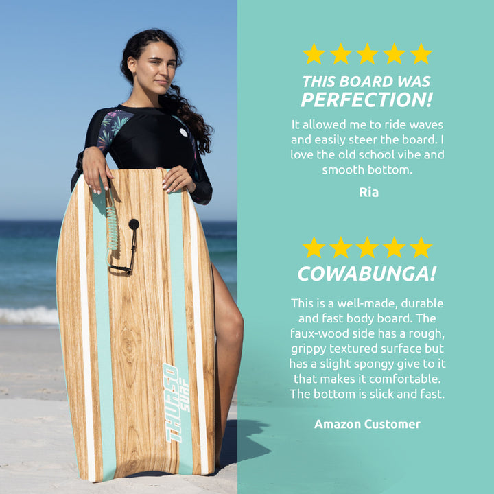 Person holding a turquoise bodyboard with positive reviews on a beach background