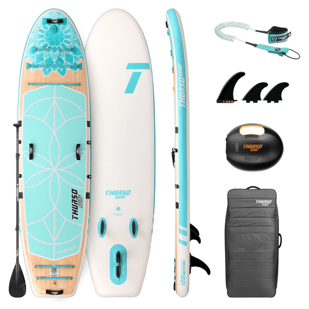 Supreme inflatable stand-up paddleboard with accessories on a black background