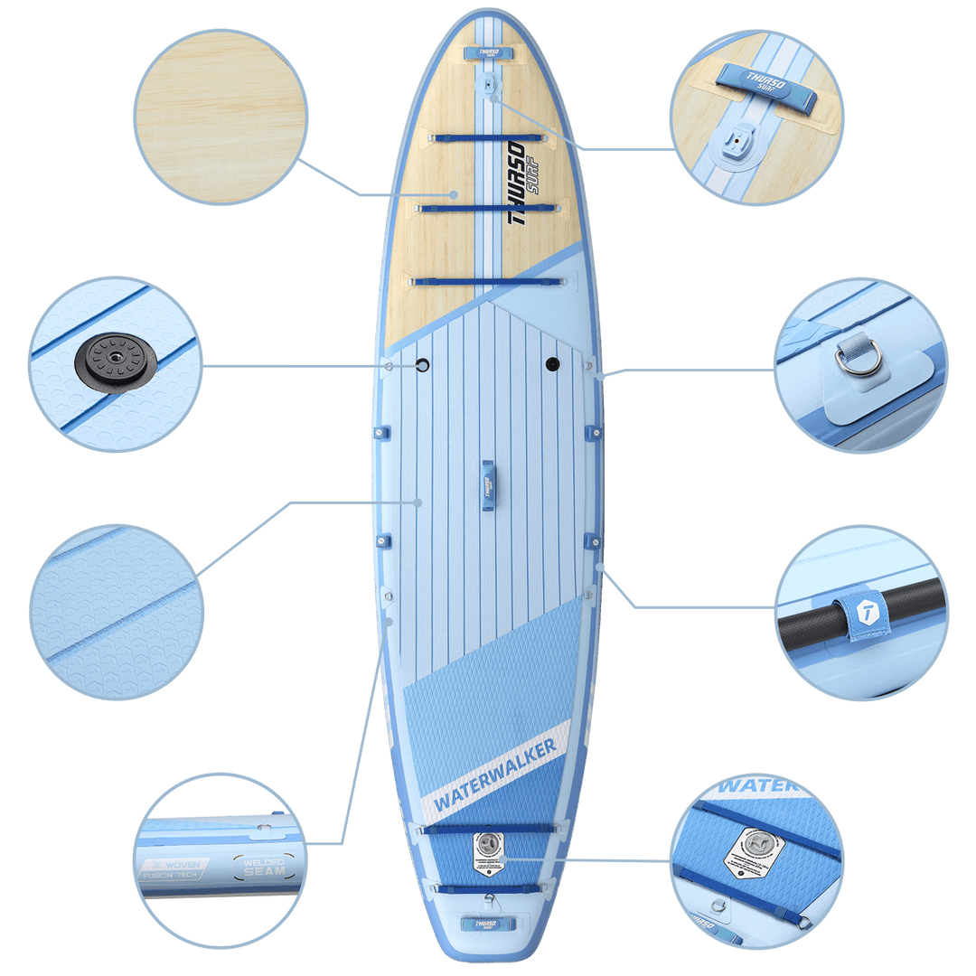 Blue and beige paddleboard with close-up details on a black background