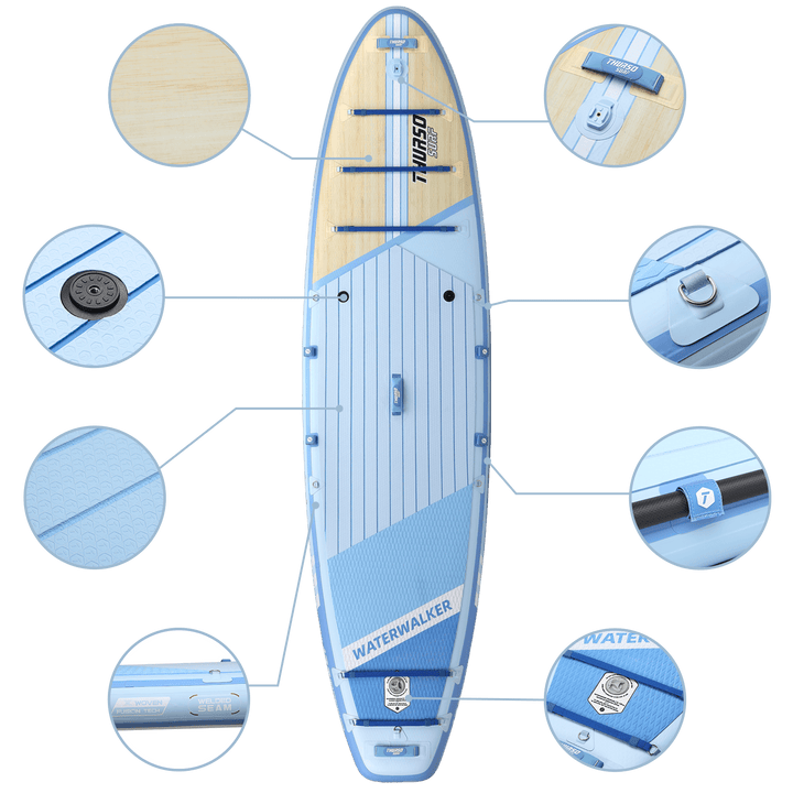 Blue and beige paddleboard with close-up details on a black background